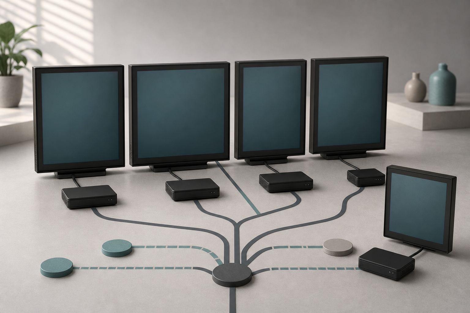 A brand-neutral fleet of blank digital displays and media players connected through multiple abstract fallback paths
