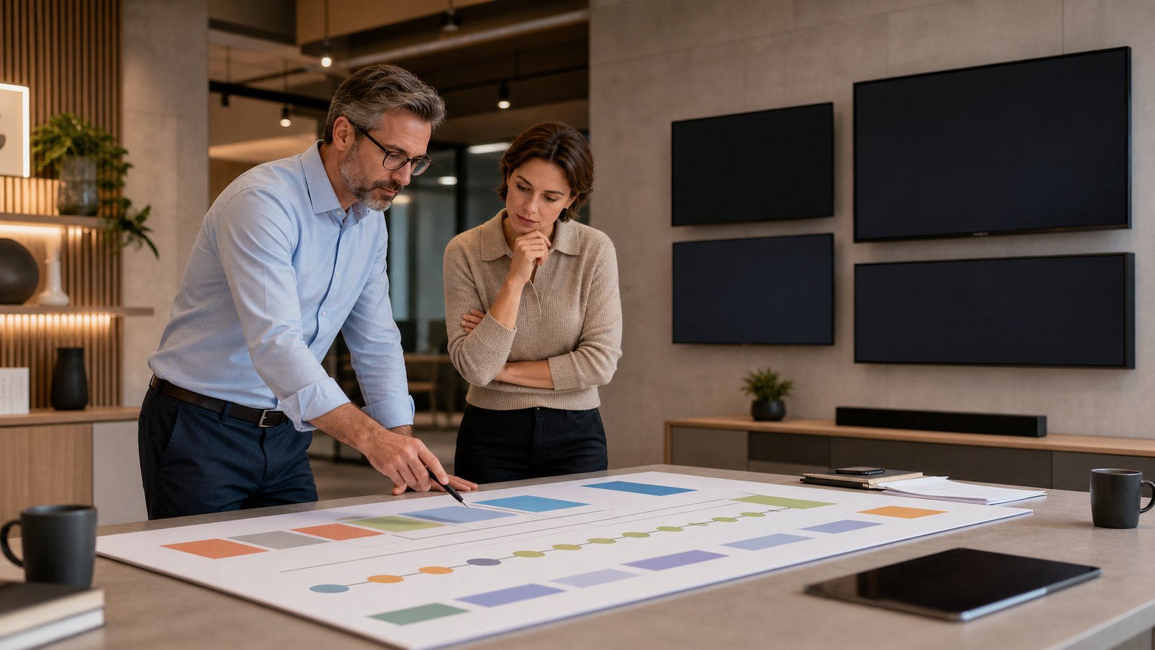 Operations leaders reviewing an unbranded display-fleet lifecycle plan