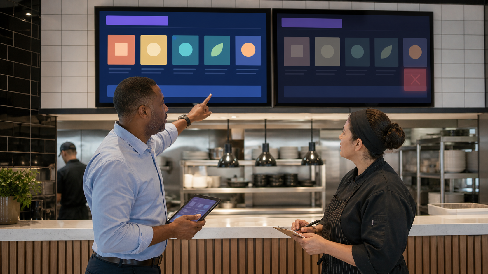 Dining team coordinating an emergency update across generic unbranded menu screens